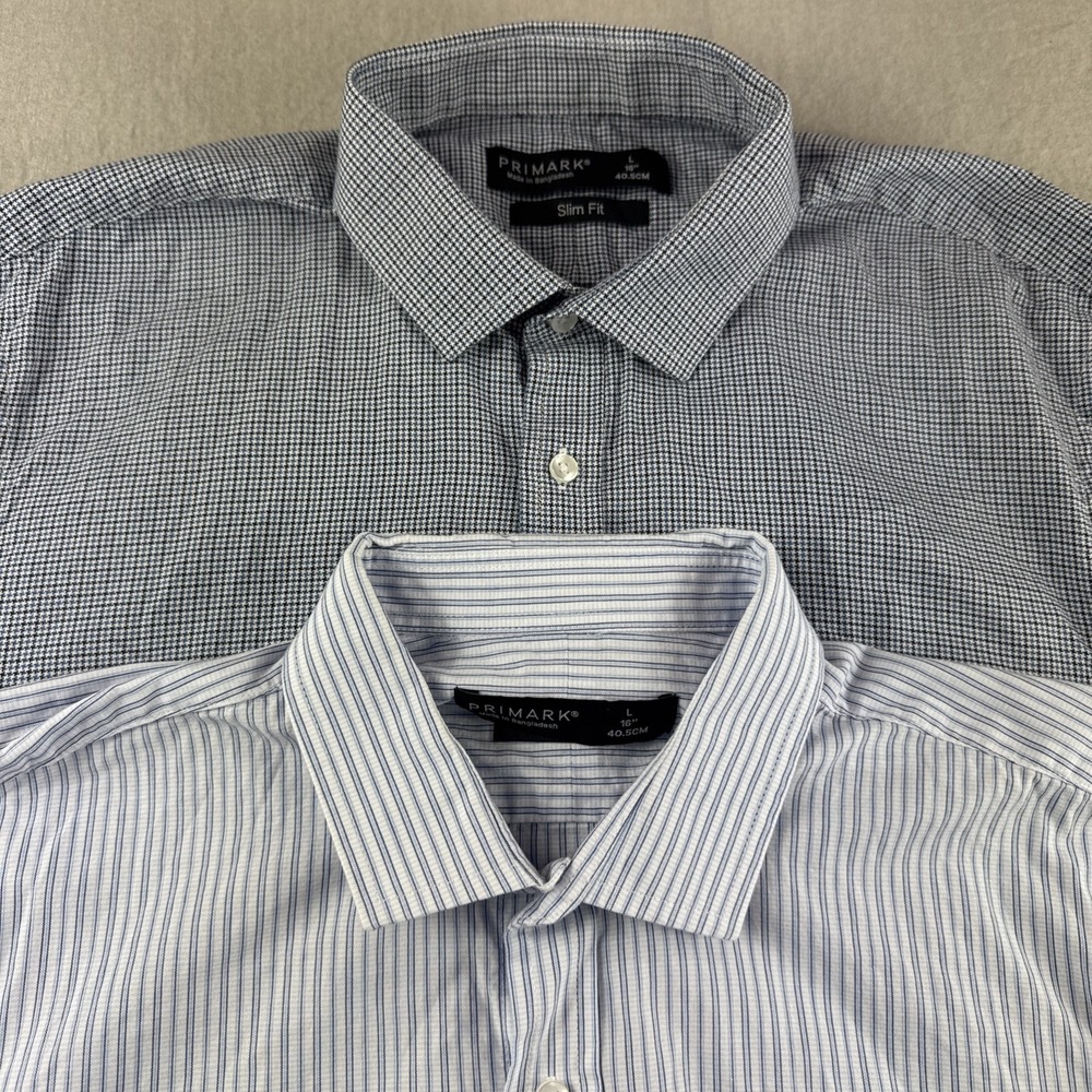 Primark Slim Fit Shirt Mens L Blue Long Sleeve Button Up Preppy Cotton Lot of 2